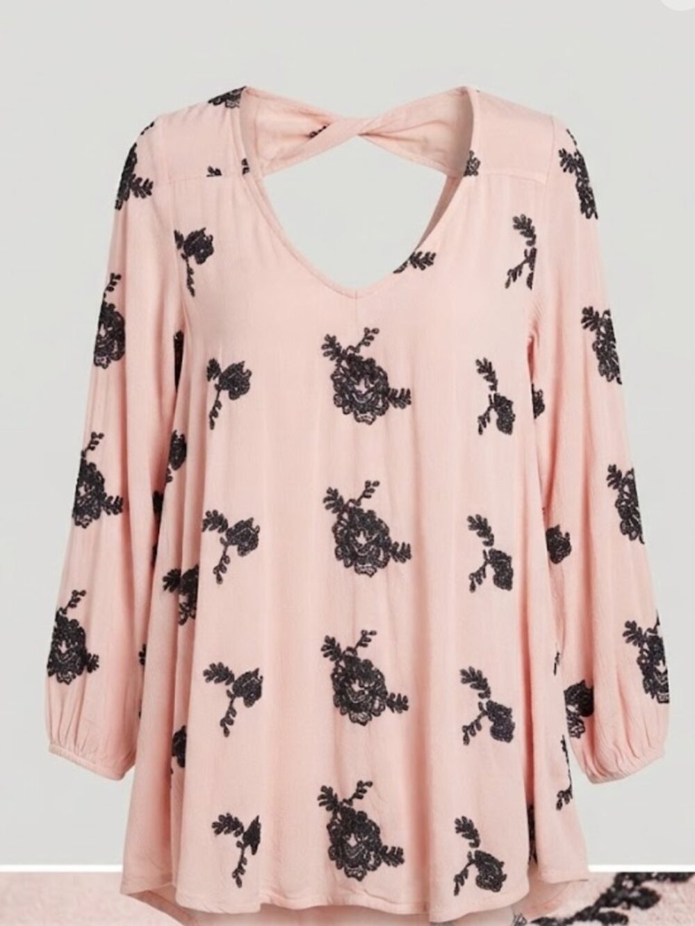 Free People Pink Black Floral Embroidered Twisted Open Back Swing Tunic Dress S